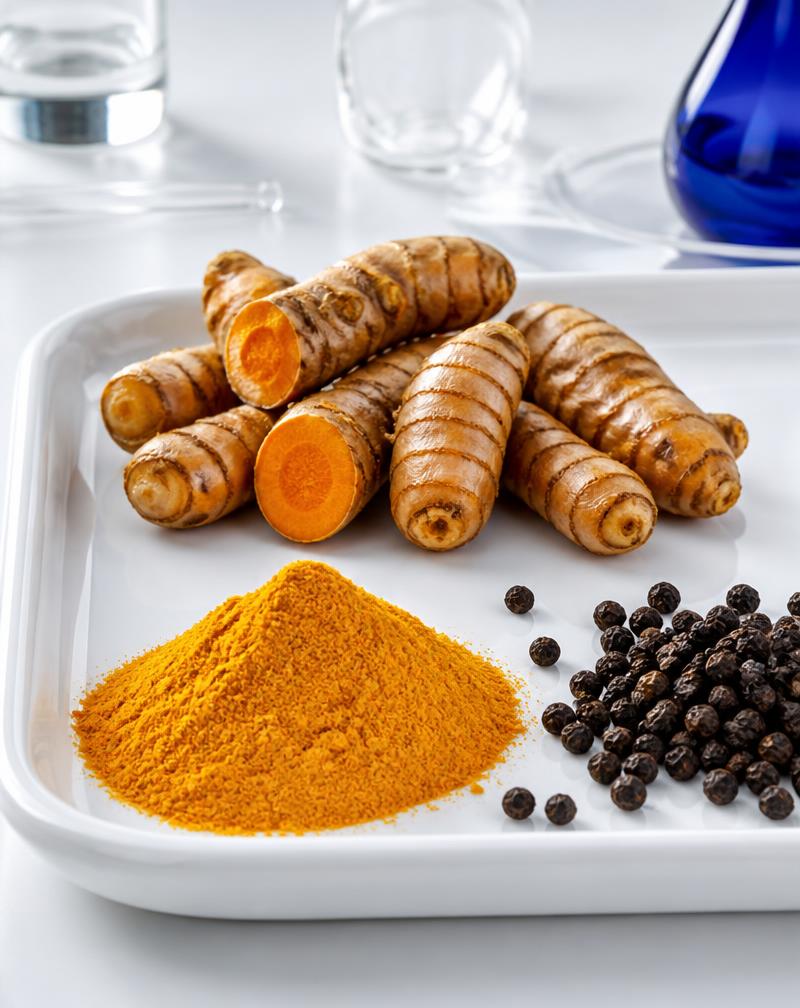 Fresh turmeric, turmeric powder, and black peppercorns on a laboratory tray